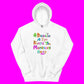 A white unisex fleece hoodie with a custom illustration of colorful text and pattern on the front.